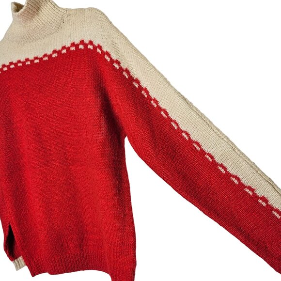 Vintage Red & Cream Handmade Acrylic Knit Sweater With Turtleneck Long Sleeves M - Picture 3 of 8